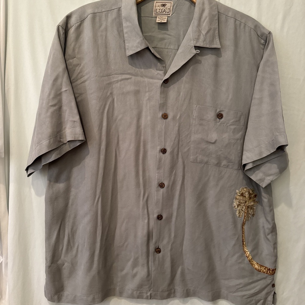Mens Luau XL‎ Blue 100% Silk Sleeve Button Up Embroidered Front/Back